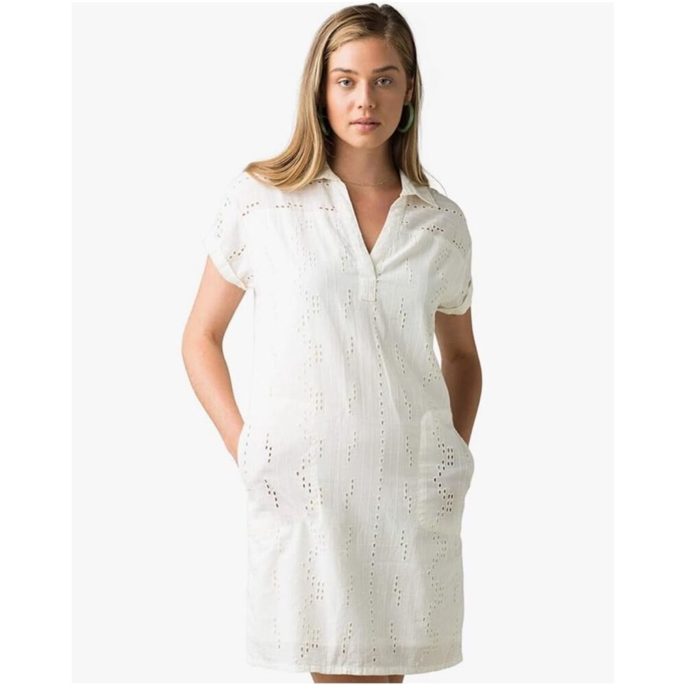 PrAna White Eyelet Short Sleeve Ladyland Dress Size Large - Picture 3 of 12